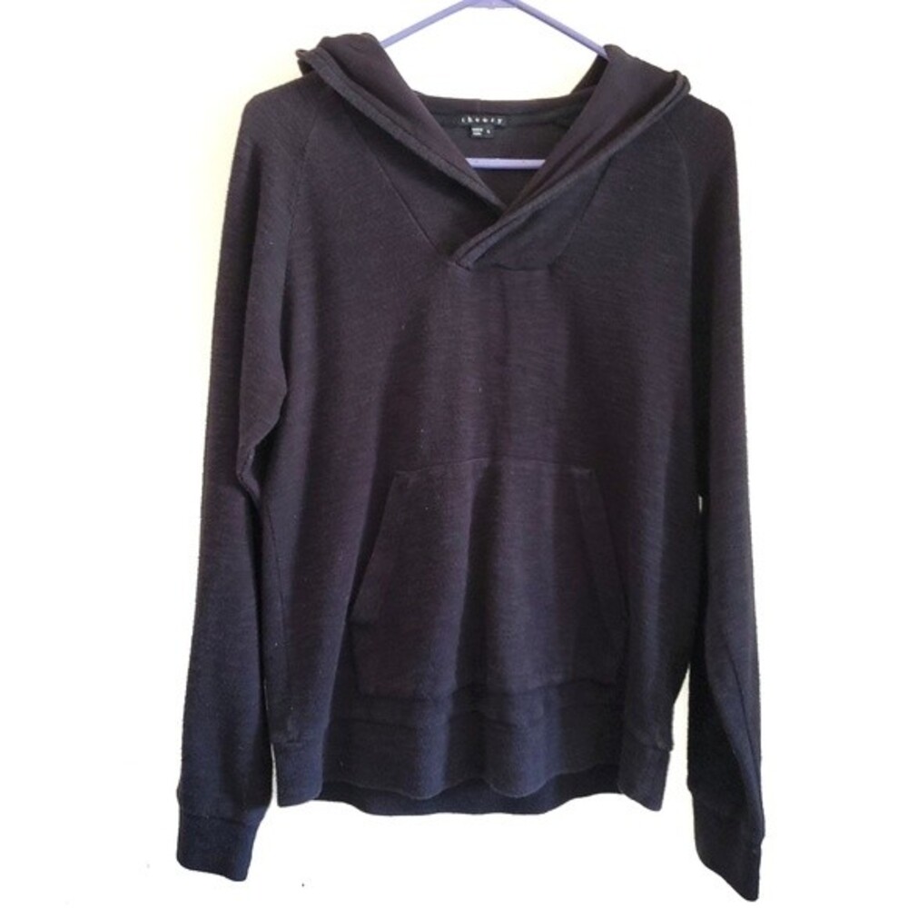 Theory Men's Charcoal Gray Cotton French Terry Pullover Hoodie Small Minimalist